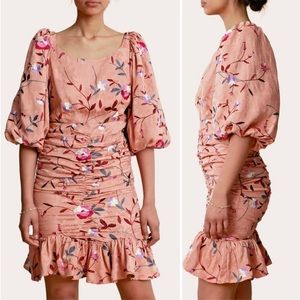 NEW byTIMO Jacquard Embroidered Ruched Dress Floral Puff Sleeve Embroidery